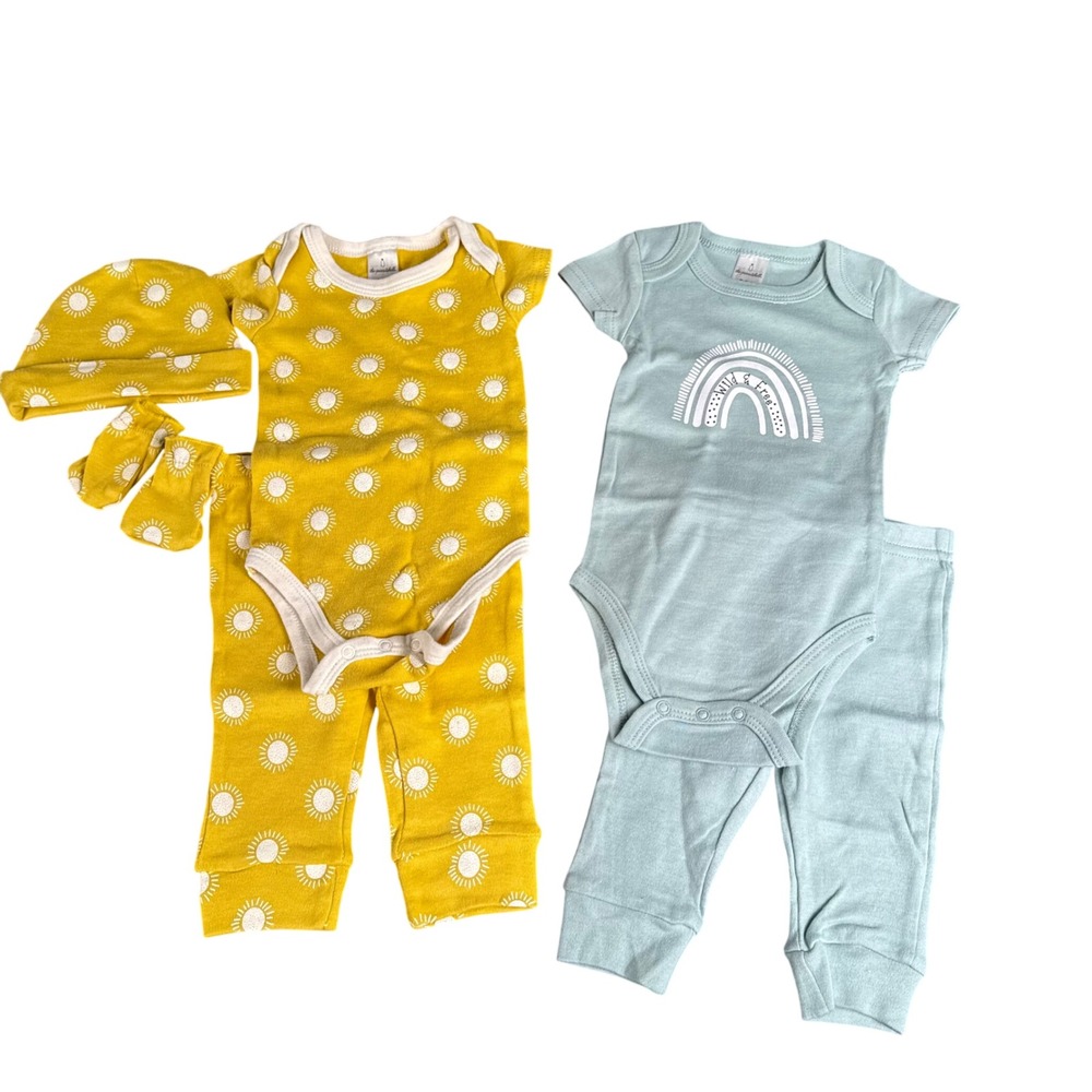 The Peanutshell 0-3M Baby Outfit Lot 6pc Sun Rainbow Bodysuits Pants Hat Mittens
